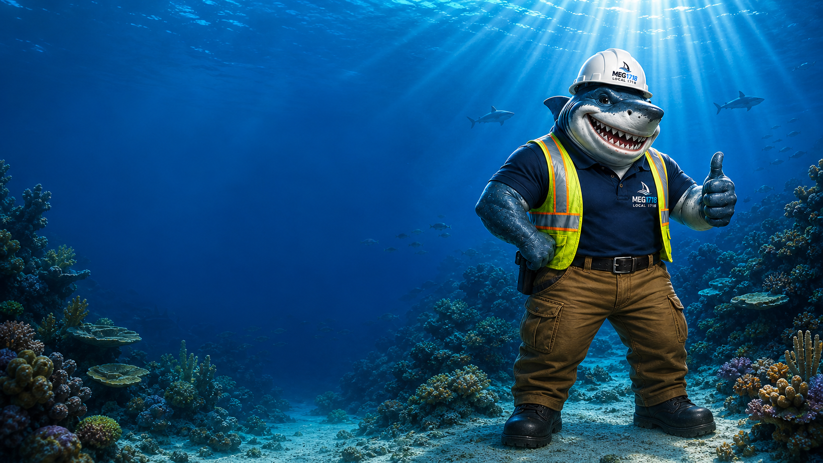 Smiling MEG1718 shark worker in a safety vest giving a thumbs-up underwater.